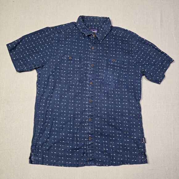 Patagonia Back Step Shirt Mens Size Small Blue Button Up Short Sleeve Hemp Blend - Picture 1 of 6